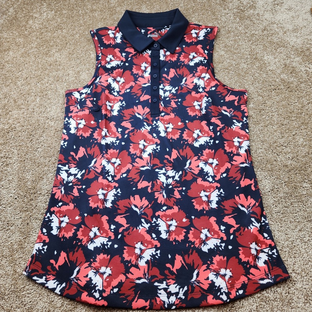 Puma Womens Sleeveless Golf Polo Shirt Navy Red Floral Hibiscus XS Activewear